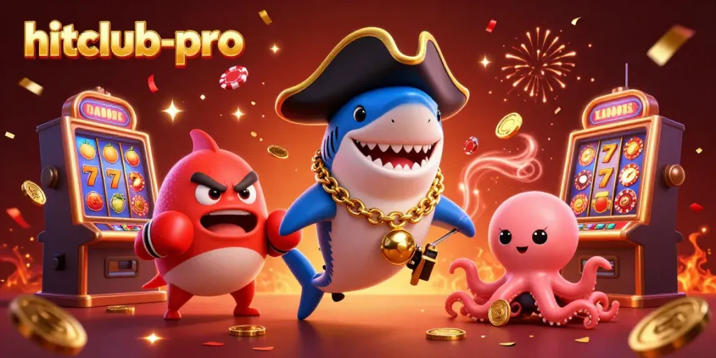 Celebrate with the hitclub-pro pirate shark and friends at a vibrant casino scene.