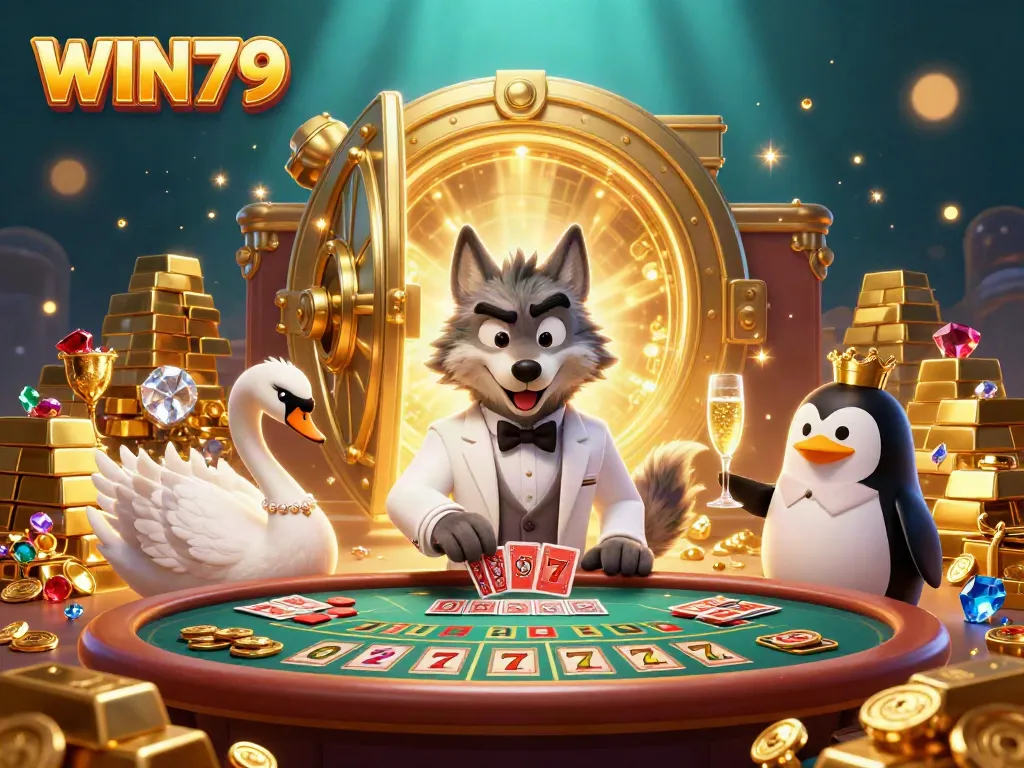 Experience the thrill of WIN79 at a luxurious baccarat table with elegant characters and treasure.