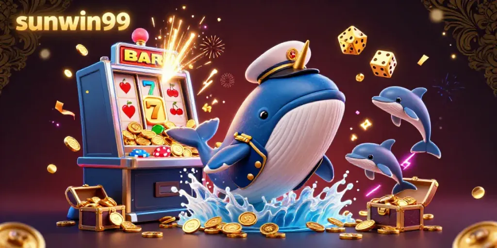 Experience the excitement of sunwin99 with whales, dolphins, and slot machine coins in a vibrant casino scene.