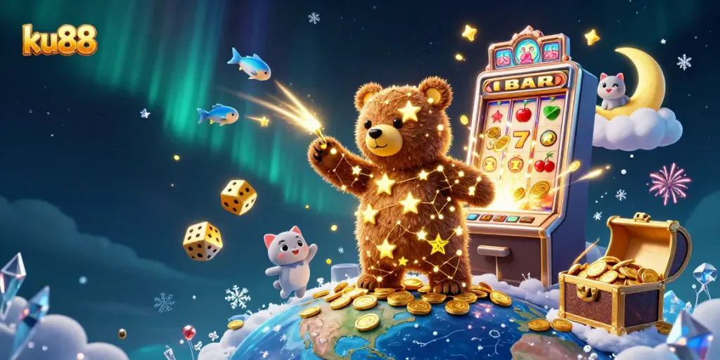 Experience exciting wins at ku88 with a vibrant 3D illustration of a celestial bear scooping coins!