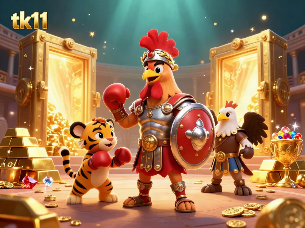 tk11 showcases a dynamic gambling scene with a gladiator rooster, a tiger cub, and an eagle amidst glittering treasures.