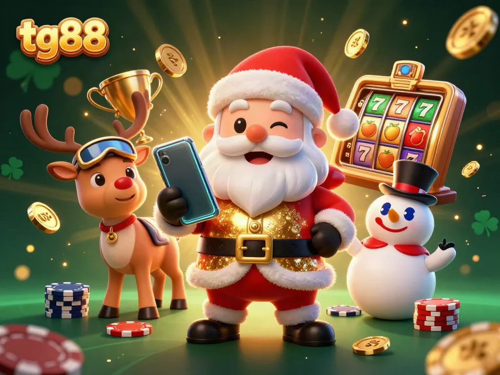 Play and win with tg88 in this vibrant casino scene featuring festive characters and slot game excitement.