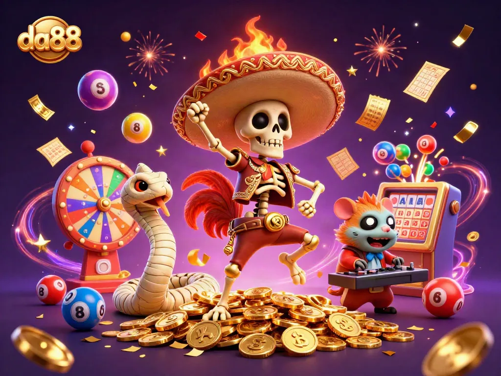 da88 offers vibrant casino-themed fun with a dancing mariachi rooster, jackpot elements, and celebratory graphics.