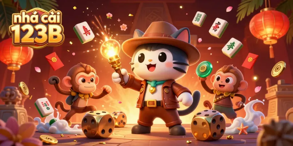 Experience the excitement of nhà cái 123B with a dynamic 3D illustration featuring unique casino themes.