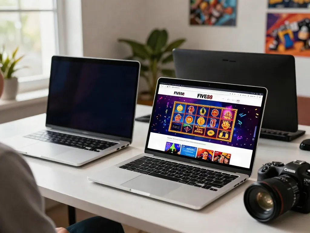 Engaging scene of a user exploring the FIVE88 online gaming platform with vibrant graphics and app interface.
