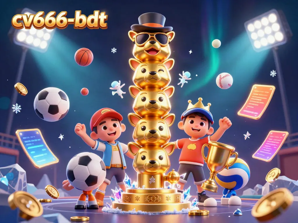 A dynamic scene with a golden totem pole and 3D sports elements showcasing cv666-bdt offers and promotions.