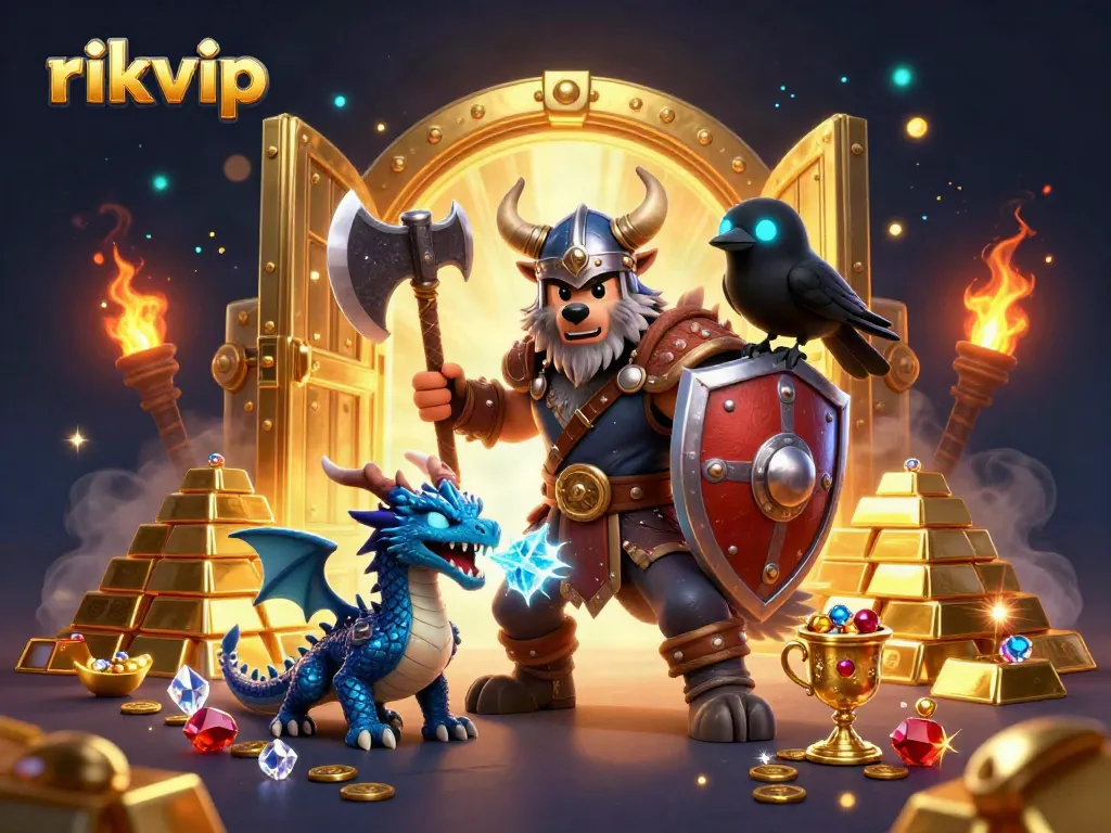 Experience the thrilling world of rikvip with dynamic characters in a vibrant 3D illustration.