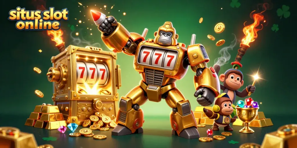 Experience winning thrills at situs slot online with a dynamic gorilla mech bursting with coins and treasures.