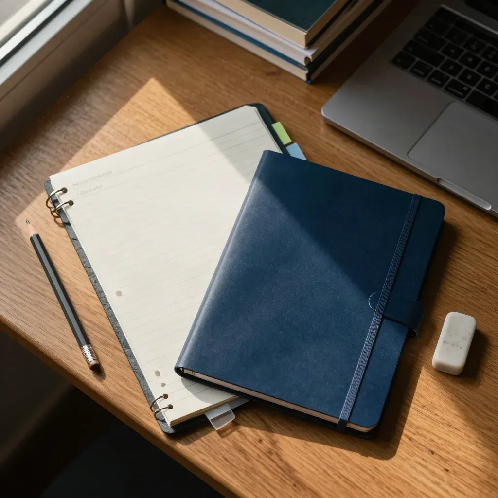 Zestaw do wsparcia akademickiego: planner, teczka, zakładki, laptop i gumka na drewnianym blacie.