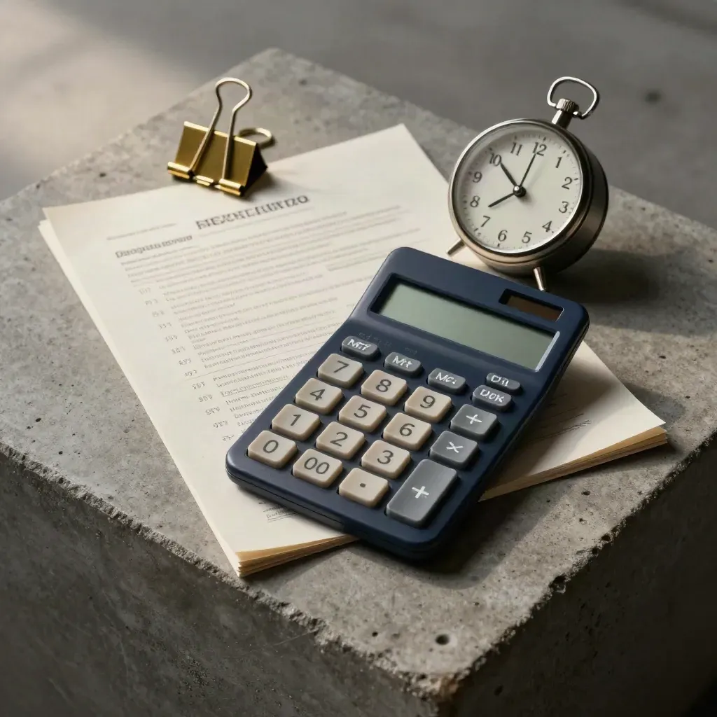 Kalkulator, spięty stos arkuszy i stoper na jasnym betonowym tle.