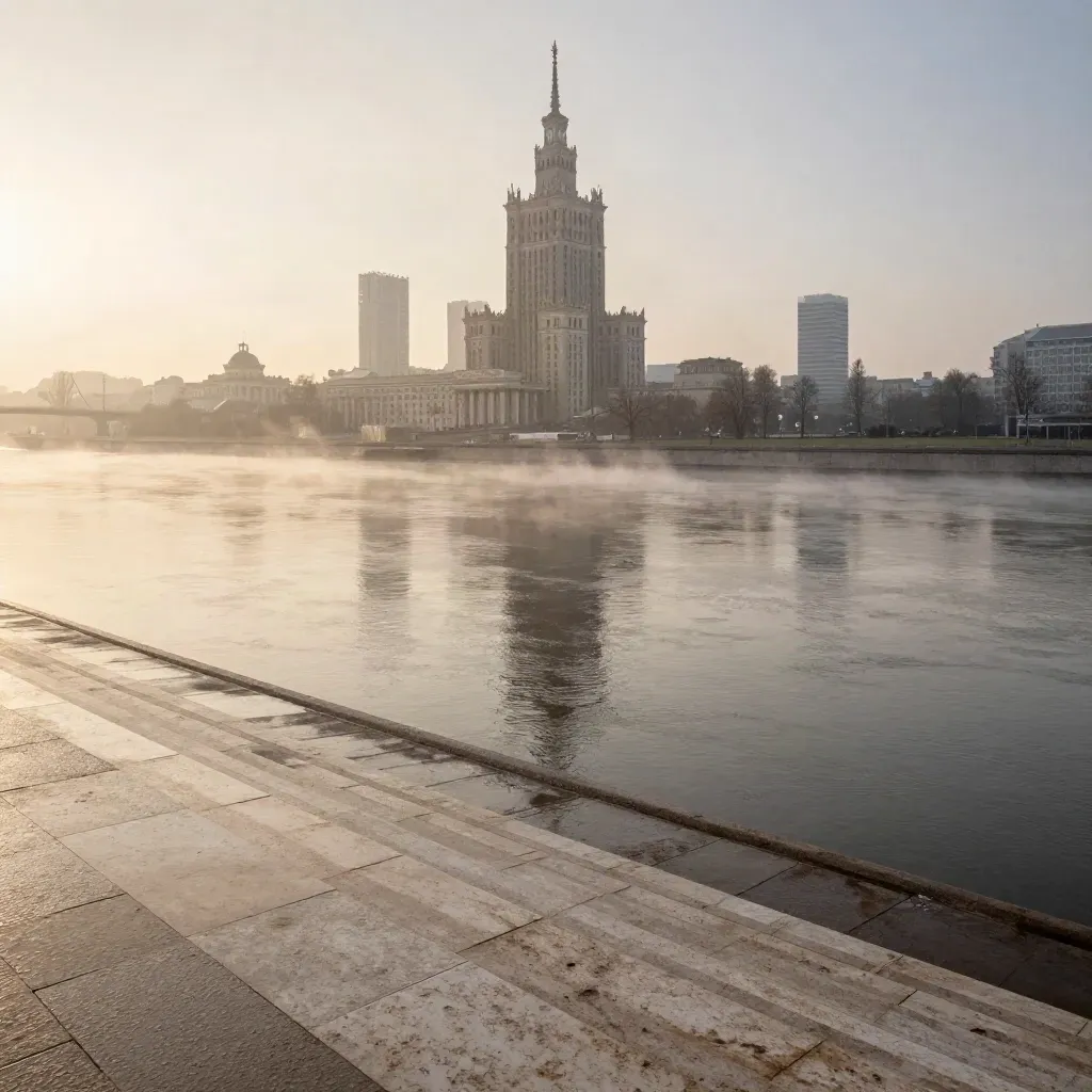 Warszawa o świcie nad Wisłą, Pałac Kultury wysoko we mgle po deszczu