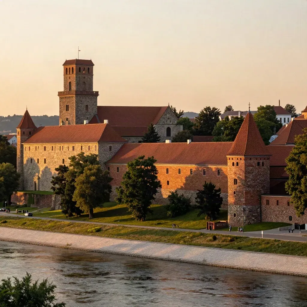 Wawel nad Wisłą w złotym świetle, z cichą wodą i dachami Krakowa.