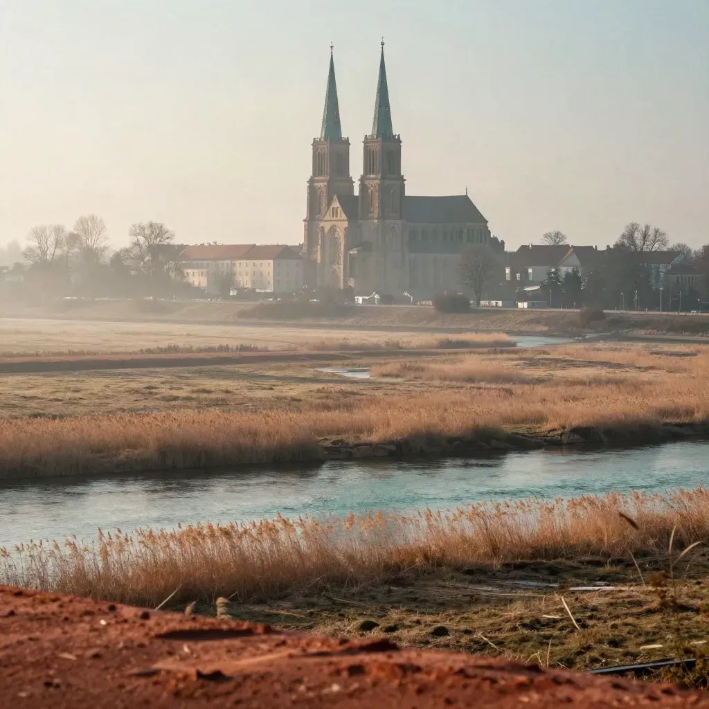 Wieże katedry w Poznaniu nad mglistą Wartą i spokojnymi łąkami.