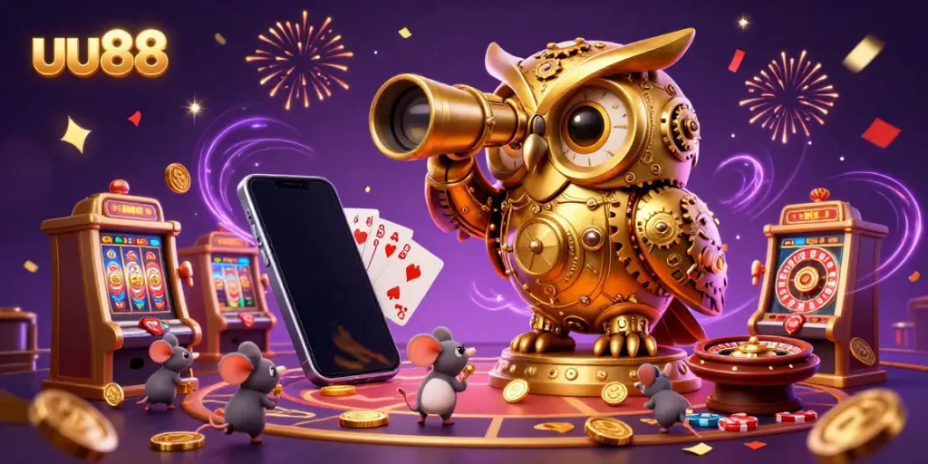 Experience the vibrant excitement of uu88 casino with spinning slots and golden coins erupting from smartphones.