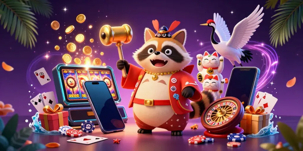 Play colorful slots with 88vbet featuring a cheerful tanuki and vibrant fortune cats amidst casino elements.
