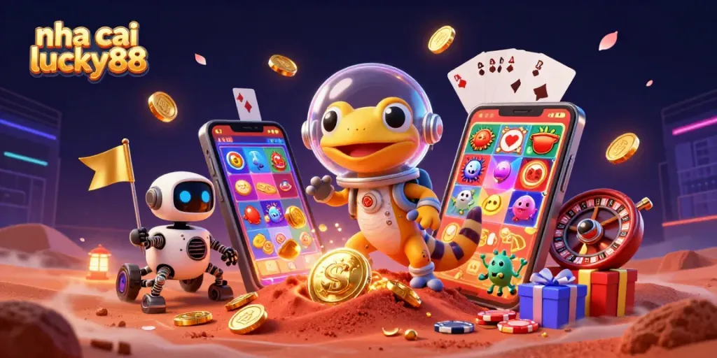Nha cai lucky88 showcases a Martian gecko and robot rover in a vibrant 3D casino scene bursting with excitement.