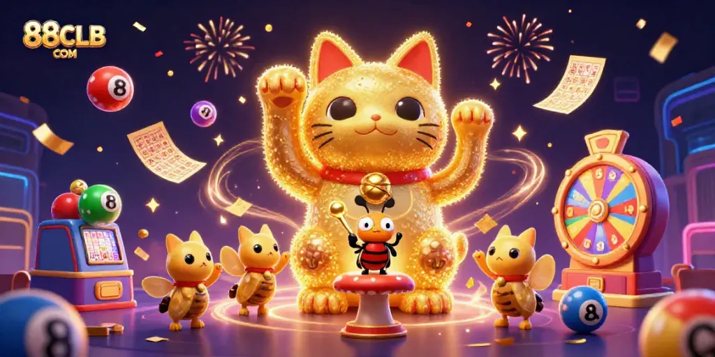 Engage with the exciting world of gaming at 88CLB COM featuring dynamic visuals of a lucky cat and casino elements.