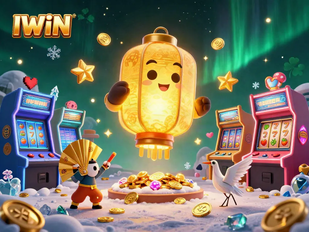 IWIN slot machines glow in vibrant casino scene with golden lantern spirit and gaming icons.