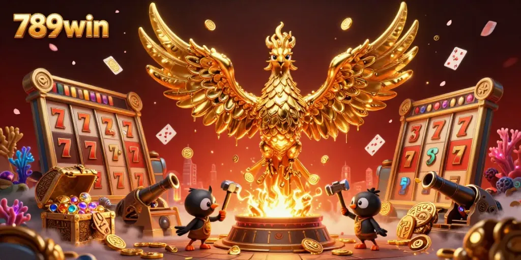 Experience the magic of 789win with a molten golden phoenix and vibrant casino elements.