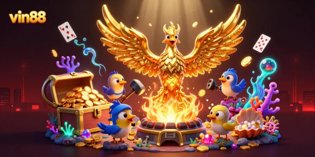 Engage with the vibrant world of vin88's gaming universe, featuring a mythical phoenix and immersive casino elements.