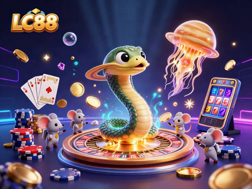 Experience the thrill of LC88 with astronaut mice betting on Saturn's roulette wheel in a cosmic casino