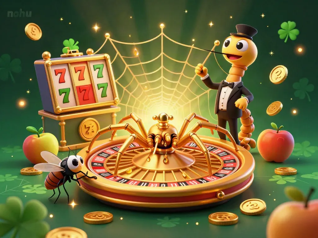Experience thrilling gameplay at nohu with a vibrant 3D illustration of a golden spider spinning a roulette-themed web.