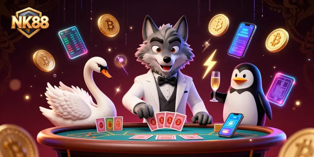 Engage in thrilling NK88 casino action with a debonair wolf and elegant characters at the baccarat table.