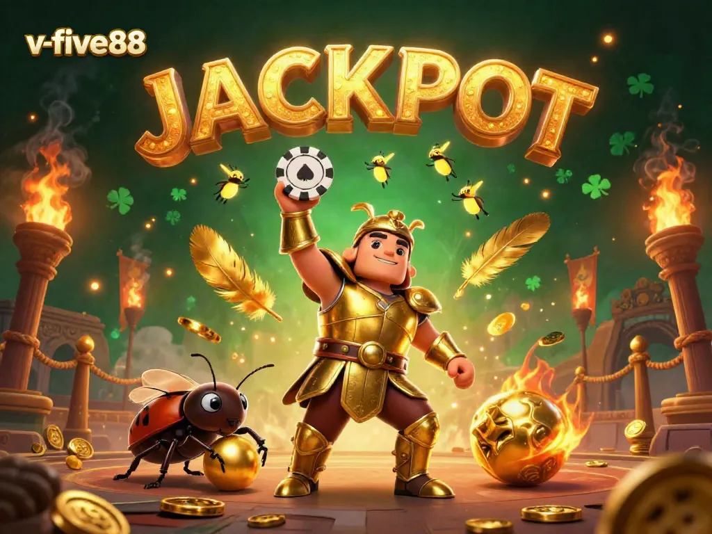 Experience the thrilling v-five88 action with a hercules beetle lifting a poker chip in a vibrant casino scene.