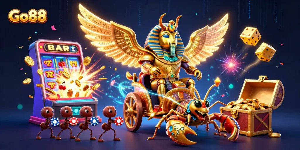 Go88 delights players with vibrant casino elements in this 3D illustrated jackpot scene.