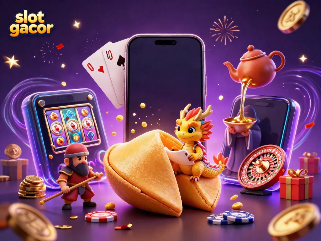 Experience slot gacor magic with a vibrant scene featuring golden fortune cookie characters and exciting gambling elements!