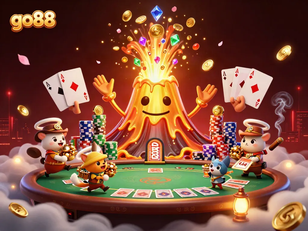 Engage with go88's thrilling casino atmosphere featuring a volcano of treasures and poker excitement.