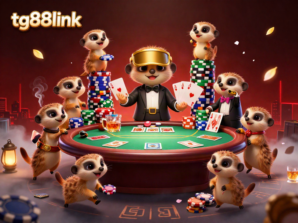 Join the excitement at tg88link's vibrant casino scene featuring playful meerkats in action.