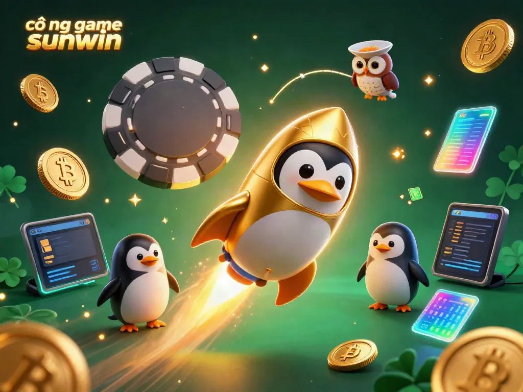 Win big with cổng game sunwin featuring a golden penguin blasting into a casino space station!