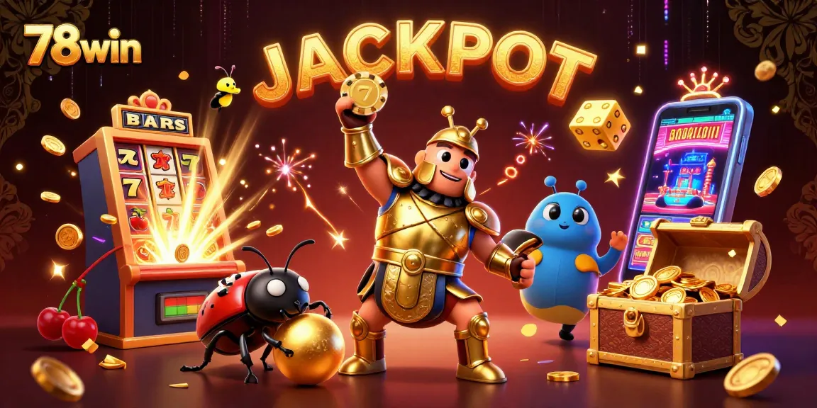 Experience the thrill of 78win with vibrant gambling scene featuring a victorious beetle amid slot machines and gold.