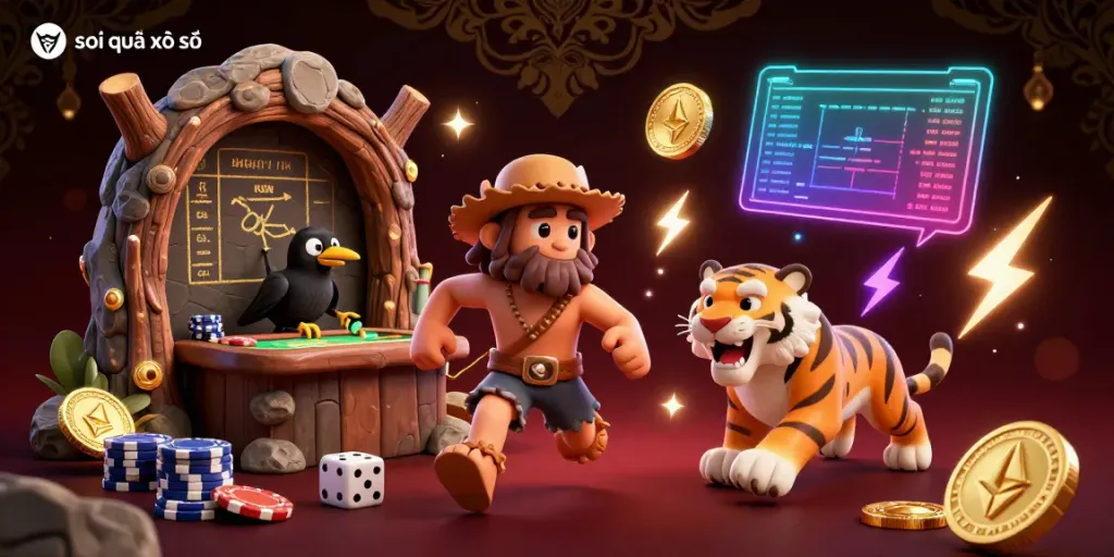 Engaging scene featuring a caveman and sabertooth tiger amidst vibrant crypto elements at a prehistoric casino with the keyword "soi cầu xổ số".