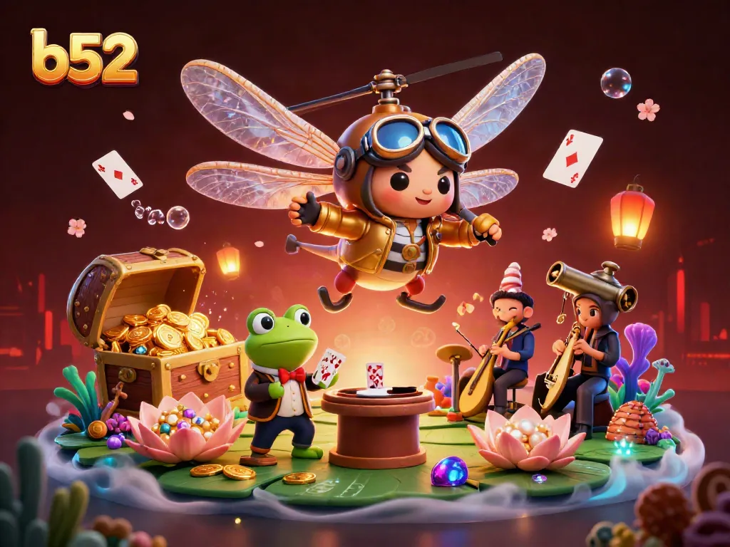 B52 casino showdown with a vibrant dragonfly pilot and frog croupier in action.