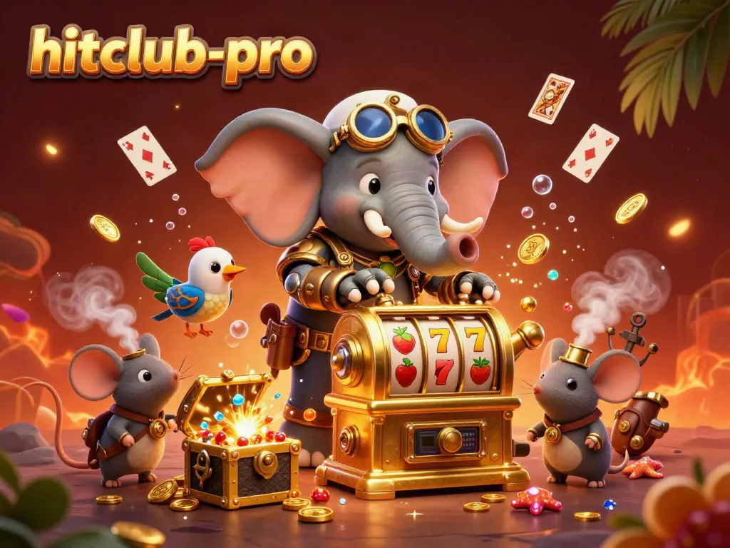 Experience excitement with hitclub-pro as a steampunk elephant spins the slot machine amidst vibrant treasures.