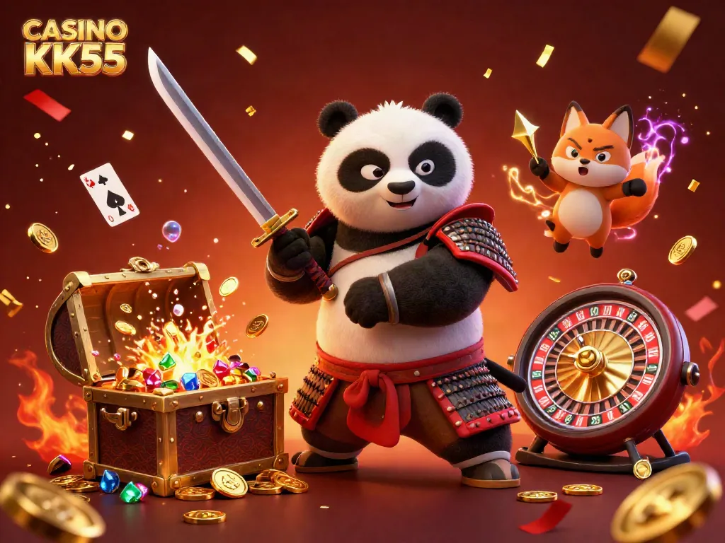 Experience excitement in CASINO KK55 with a vibrant scene featuring a samurai panda, ninja fox, and magical tanuki.