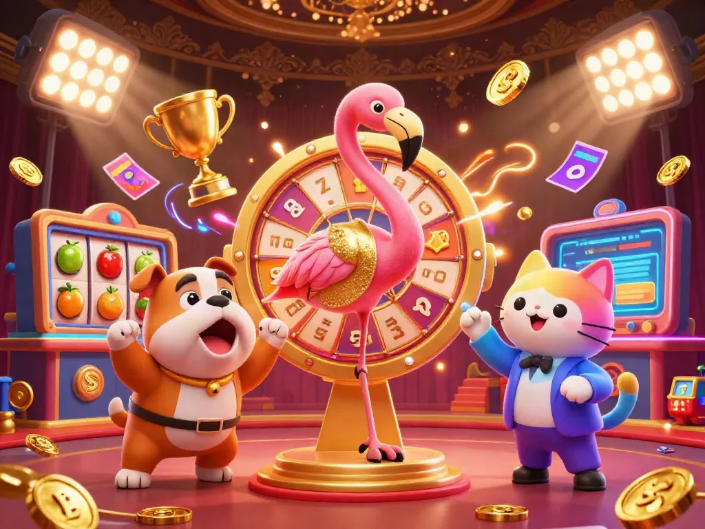 Engage in thrilling slot action with b52clubb's vibrant characters celebrating wins on a sparkling prize wheel.
