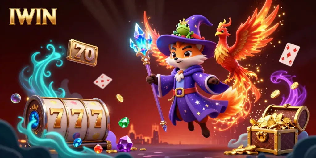 IWIN casino illustration showcasing dynamic wizard fox and phoenix in a vibrant fantasy realm.