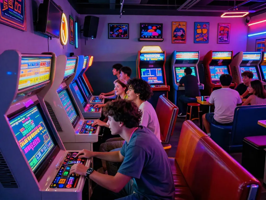 Engaging retro gaming arcade scene highlighting pecah404 nostalgia with gamers enjoying classic arcade games.