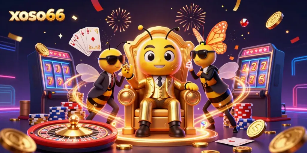 Experience thrills with xoso66 amidst a stunning 3D casino scene featuring vibrant characters and dynamic elements.
