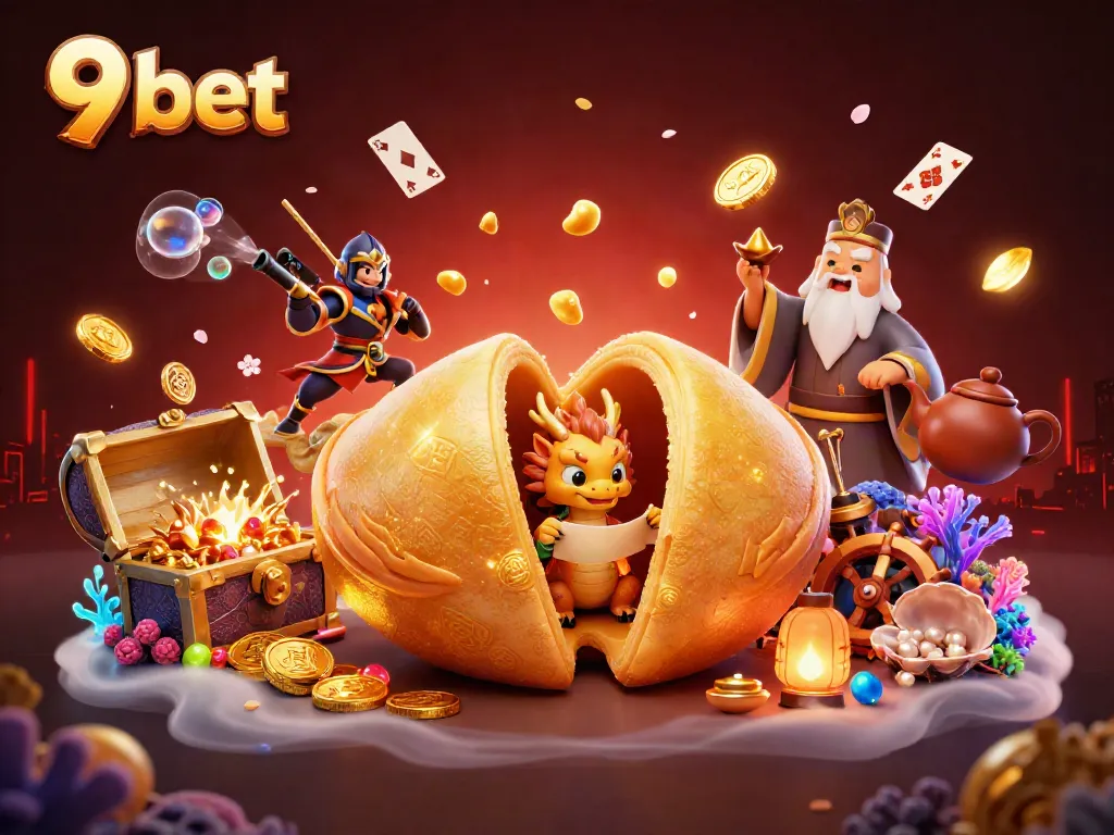 Experience luck with the 9 bet golden fortune cookie surrounded by vibrant casino elements.