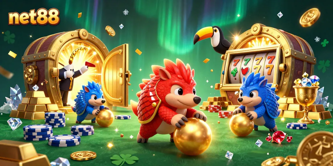 net88 features bright slot games as pangolins roll golden balls through poker chips.