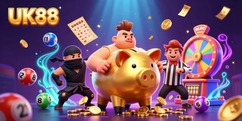 Engage with winning rounds at UK88 with vibrant casino-themed 3D illustration featuring a piggy bank wrestler and lottery elements.