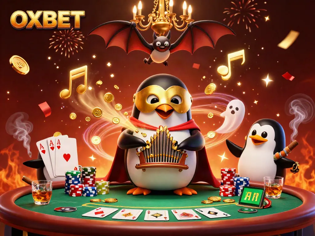 Experience the excitement of the OXBET casino world with a dynamic illustration of a penguin playing a magical organ.