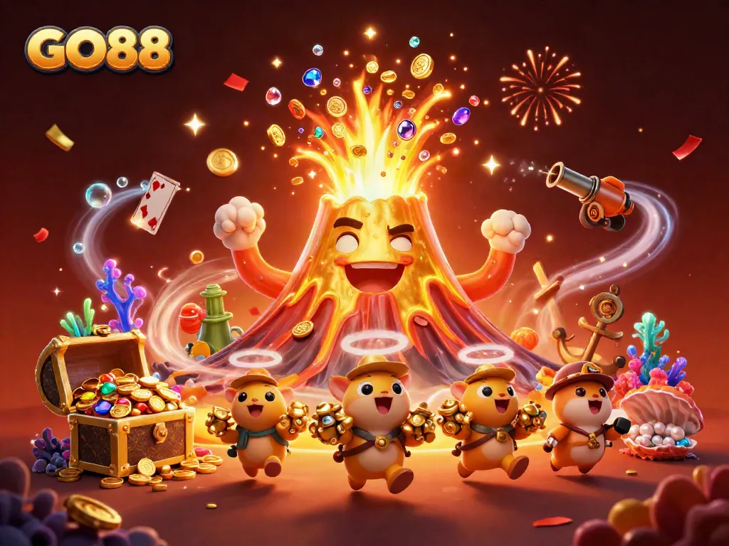Win big with GO88 as a golden volcano erupts treasures in a vibrant casino landscape