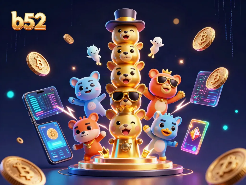 Engage in thrilling bets at b52 casino with animated 3D totem and vibrant crypto symbols