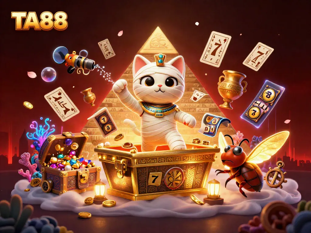 TA88 cat casino scene with mummy cat, golden wings, and floating cards amidst rich gaming elements