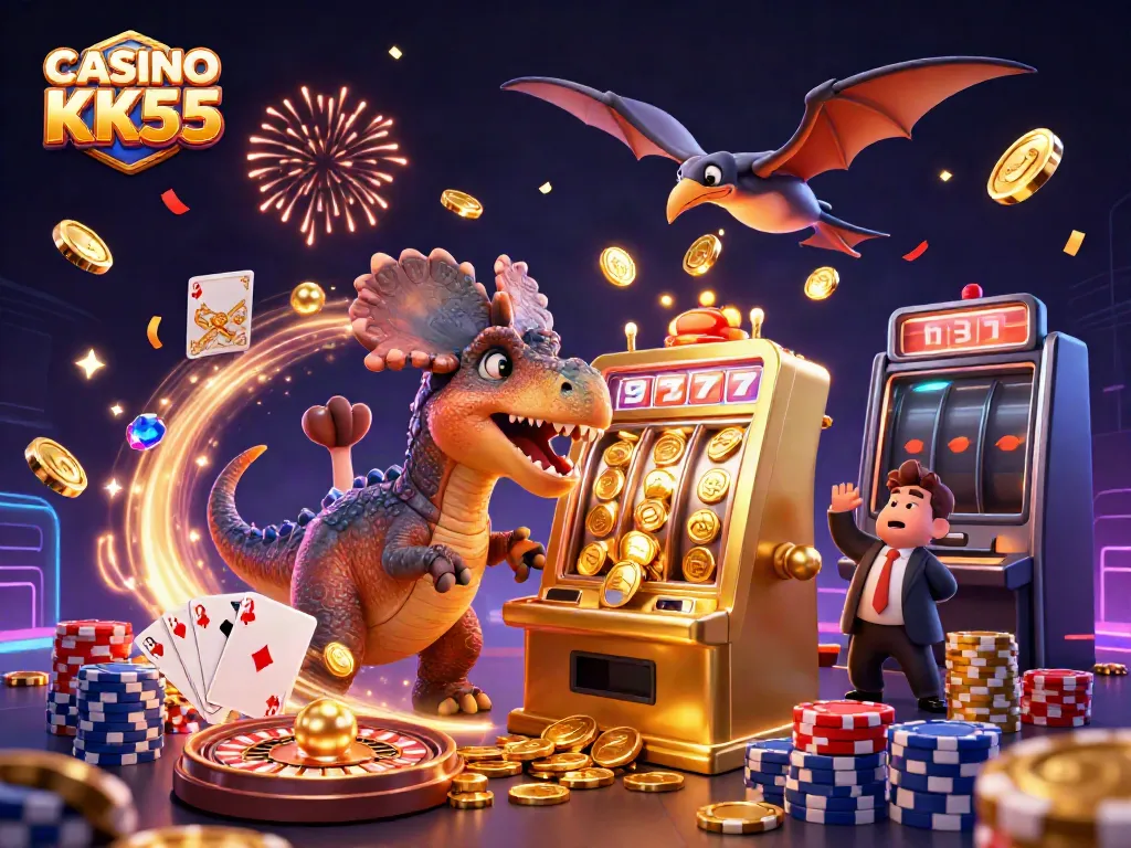 Engaging scene of CASINO KK55 with dinosaurs and jackpot excitement as coins fly around